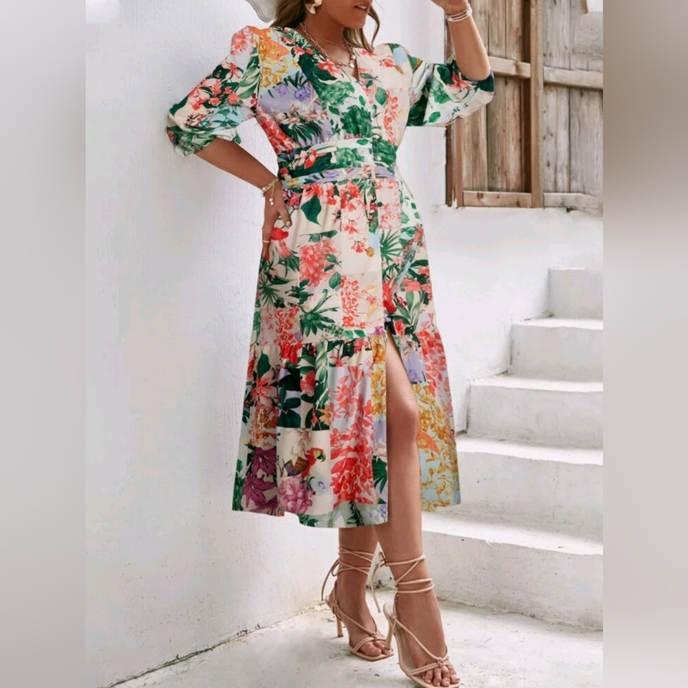 🎉Floral Print Lantern Sleeve Ruffle Hem Dress 2XL